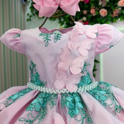 Vestido Luxuoso - Jardim Encanto - Rosa C/Verde Tiffany 