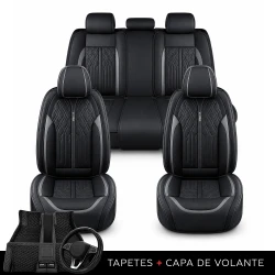 Kit Completo de Capas para Banco de Carro Avalon em Couro Legítimo Universal 5 Lugares Com Airbag + Tapetes e Capa de Volante