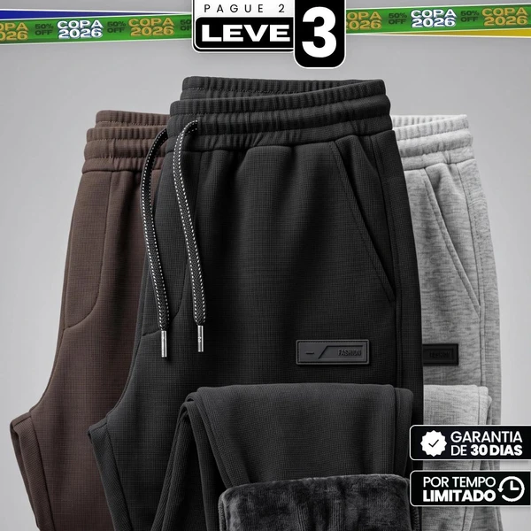 [Pague 2, Leve 3!] Calça Jogger Nordic Masculina em Algodão Texturizado, Poliéster e Forro Fleece de Alta Retenção Térmica com Ajuste Trançado e Ponteiras Metálicas