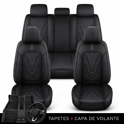 Kit Completo de Capas para Banco de Carro Aureon em Couro Legítimo Universal 5 Lugares Com Airbag + Tapetes e Capa de Volante