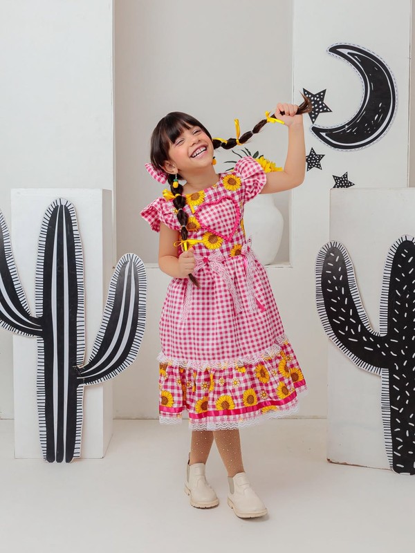 Vestido Xadrez Junino - Rosa Girassol 