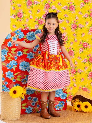 Vestido Junino - Xadrez Estampado Fogueirinha Violão 