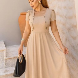 Vestido Solto Midi com Detalhes de Botões e Blazer Fake Moda Cristã