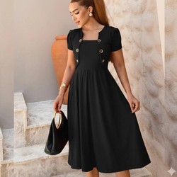 Vestido Solto Midi com Detalhes de Botões e Blazer Fake Moda Cristã