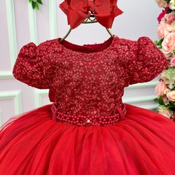 Vestido Luxuoso Bordado com Flores Brilhantes - Vermelho