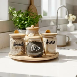KIT 5 PEÇAS POTES DE VIDRO E BAMBU E BANDEJA GIRATÓRIA