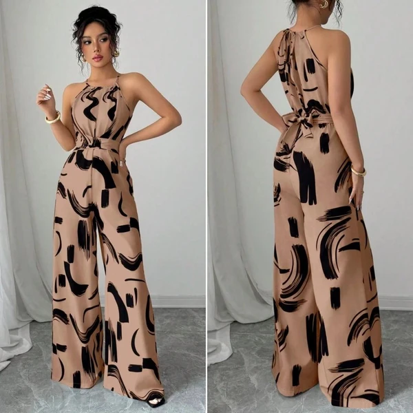 Macacão Feminino Longo Elegante Ombro Pernas Largas e Cintura com Laço Estampa Abstrata