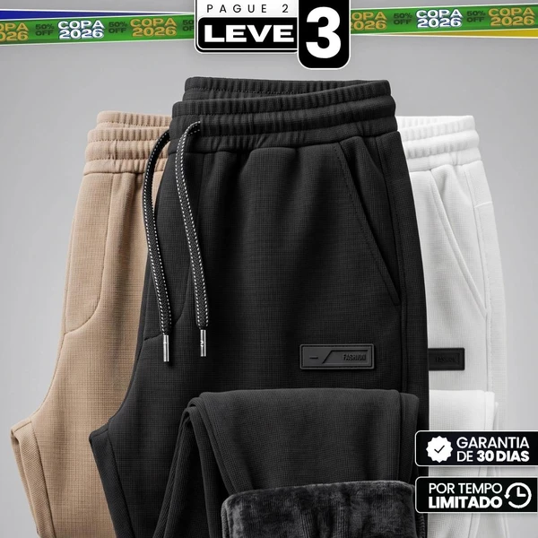 [Pague 2, Leve 3!] Calça Jogger Nordic Masculina em Algodão Texturizado, Poliéster e Forro Fleece de Alta Retenção Térmica com Ajuste Trançado e Ponteiras Metálicas