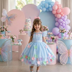 Vestido Luxo Bordado com Aplicações - Jardim Encantado Azul