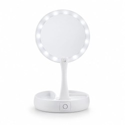 Espelho de Maquiagem LED Dupla Face Aumento 10x Retrátil Portátil com Organizador Branco 