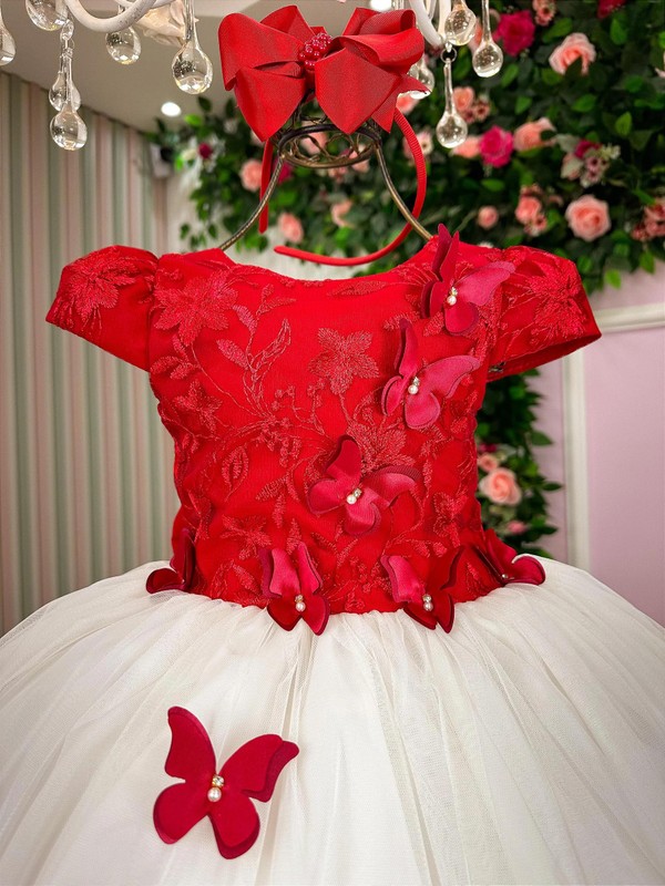 Vestido Glamour - Bordado Aplicações de Borboletas - Vermelho 