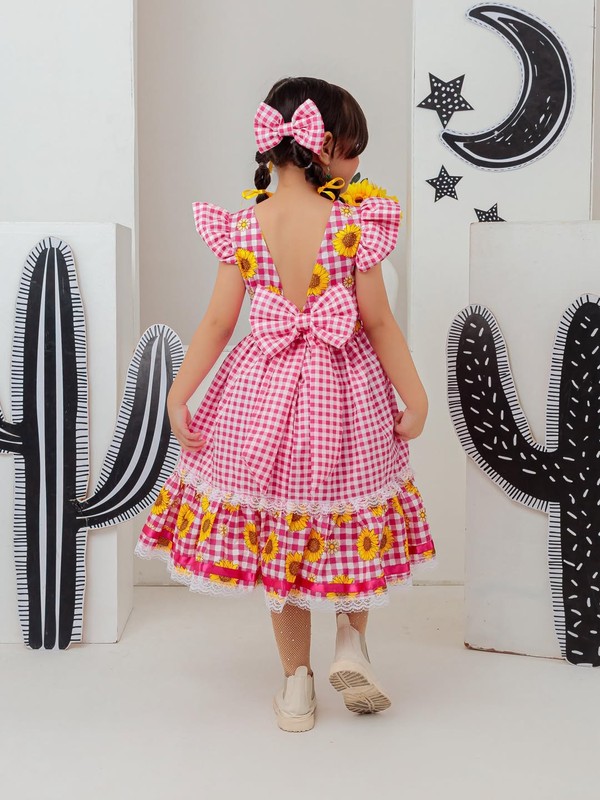 Vestido Xadrez Junino - Rosa Girassol 