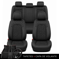 Kit Completo de Capas para Banco de Carro Reverse em Couro Legítimo Universal 5 Lugares Com Airbag + Tapetes e Capa de Volante