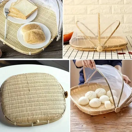 CestFresh - Cesto de Bamboo Com Cobertura de Tela Retrátil Protetor de Alimentos - Entrega Grátis