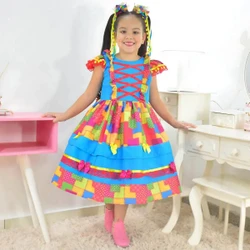 Vestido Junino Azul E Estampa Com Efeito Retalho Luxuoso