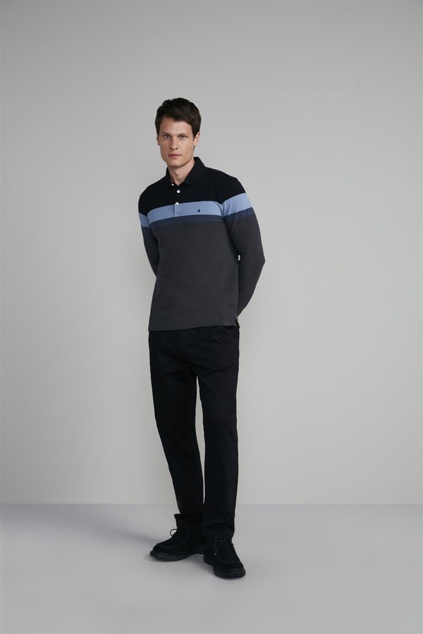 Camisa Polo Manga Longa Piquet Slim Fit - Preto-Cinza Chumbo
