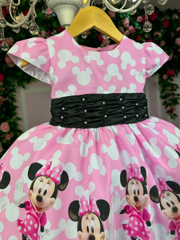 Vestido Temático Estampado - Minnie - Rosa C/Preto 