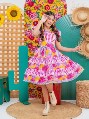 Vestido Junino – Estampado Florida - Lilás C/Rosa