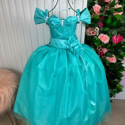 Vestido Luxuoso Longo - Manga Princesa - Verde Tiffany