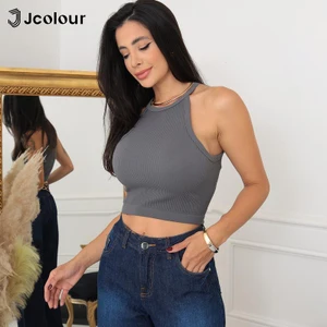 3 Peças Cropped Regata de gola alta sexy，Top curto justo sem mangas，Regata de tricô casual 