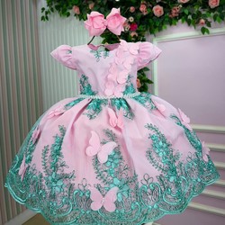 Vestido Luxuoso - Jardim Encanto - Rosa C/Verde Tiffany 