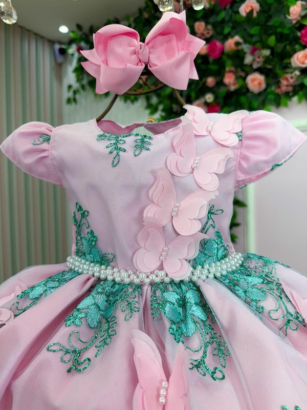 Vestido Luxuoso - Jardim Encanto - Rosa C/Verde Tiffany 
