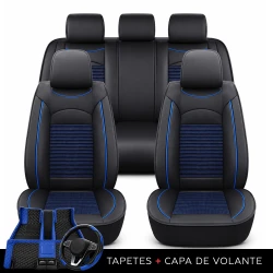 Kit Completo de Capas para Banco de Carro Turbo em Couro Legítimo Universal 5 Lugares Com Airbag + Tapetes e Capa de Volante