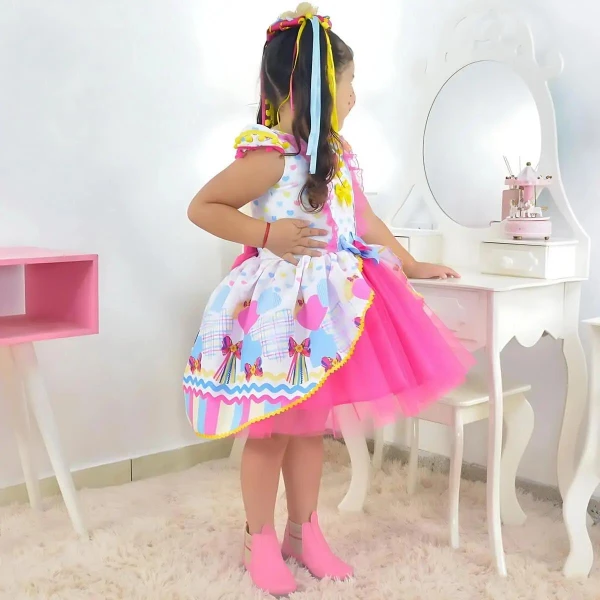 Vestido Infantil Festa Junina São Joao Quadrilha Tule Rosa
