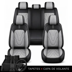 Kit Completo de Capas para Banco de Carro Aureon em Couro Legítimo Universal 5 Lugares Com Airbag + Tapetes e Capa de Volante