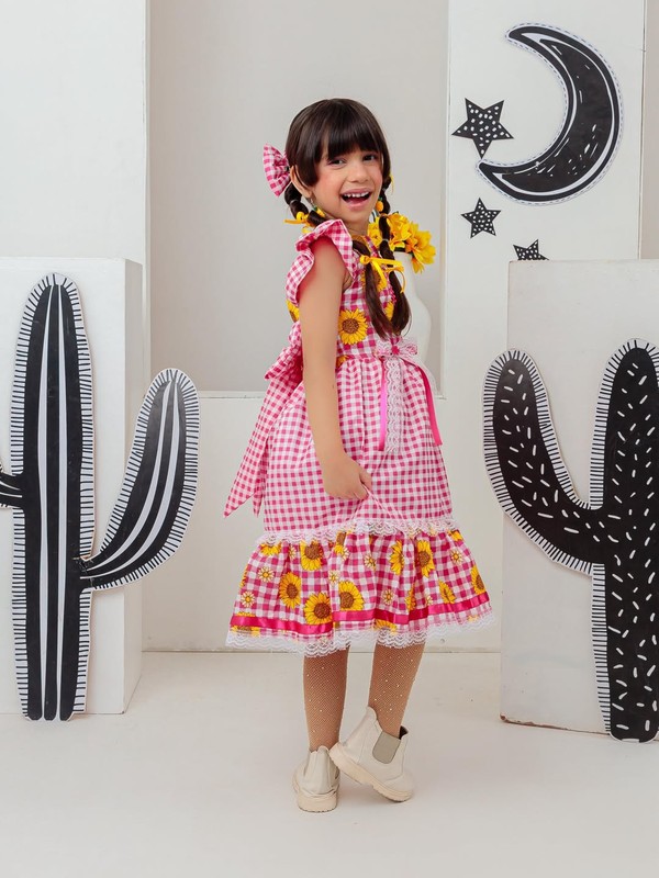 Vestido Xadrez Junino - Rosa Girassol 