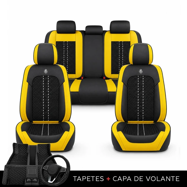 Kit Completo de Capas para Banco de Carro Acelon em Couro Legítimo Universal 5 Lugares Com Airbag + Tapetes e Capa de Volante