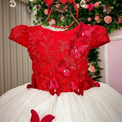Vestido Glamour - Bordado Aplicações de Borboletas - Vermelho 