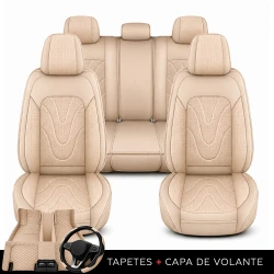 Kit Completo de Capas para Banco de Carro Aureon em Couro Legítimo Universal 5 Lugares Com Airbag + Tapetes e Capa de Volante
