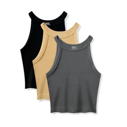 3 Peças Cropped Regata de gola alta sexy，Top curto justo sem mangas，Regata de tricô casual 