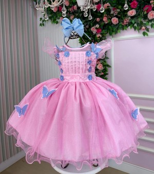 Vestido Fantasia Luxo – Jardim Encantado - Rosa C/Borboletas Azuis 