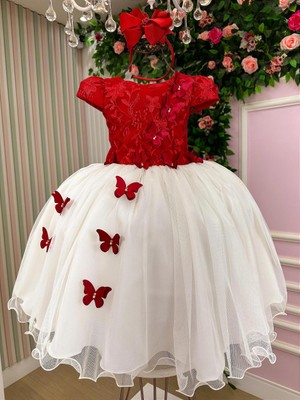 Vestido Glamour - Bordado Aplicações de Borboletas - Vermelho 