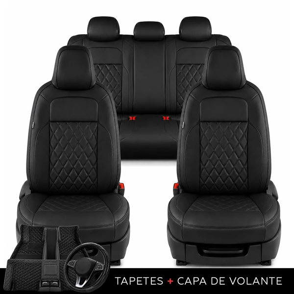 Kit Completo de Capas para Banco de Carro Evurus em Couro Legítimo Universal 5 Lugares Com Airbag + Tapetes e Capa de Volante