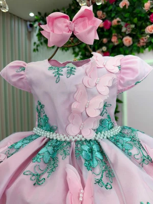 Vestido Luxuoso - Jardim Encanto - Rosa C/Verde Tiffany 