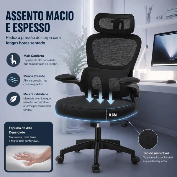 Cadeira de Escritório Presidente Ergonômica com Apoio Lombar Regulável — Home Office