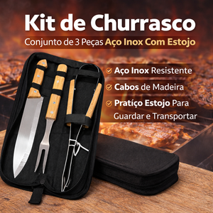 Kit de Churrasco 3 Peças em Aço Inox com Cabo de Madeira + E