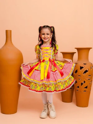 Vestido Junino - Xadrez Florido - Amarelo C/Vermelho