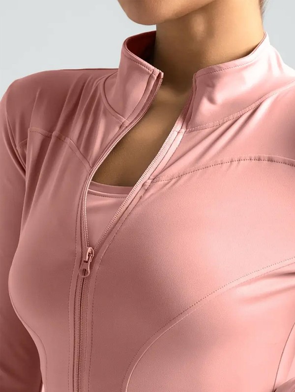 Jaqueta fitness feminina, blusa justa de secagem rápida, coleção outono 2025, manga longa com proteção solar, gola alta, ideal para esportes e Pilates.