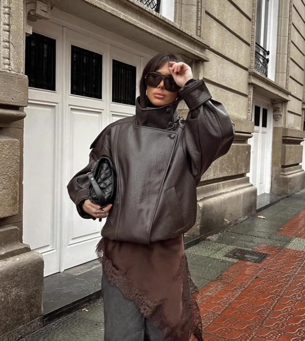 Jaqueta Feminina Oversized Couro Eco Gola Alta Estilo Europeia Vintage Premium Vynara