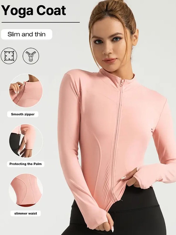 Jaqueta fitness feminina, blusa justa de secagem rápida, coleção outono 2025, manga longa com proteção solar, gola alta, ideal para esportes e Pilates.