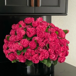 Rosas inglesas rosa-escuro em vaso de vidro preto.