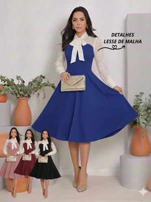 Vestido Feminino Casual Elegante Crepe Malha Detalhe Malha Lesse Moda Evangélica Social Festa 38ao54