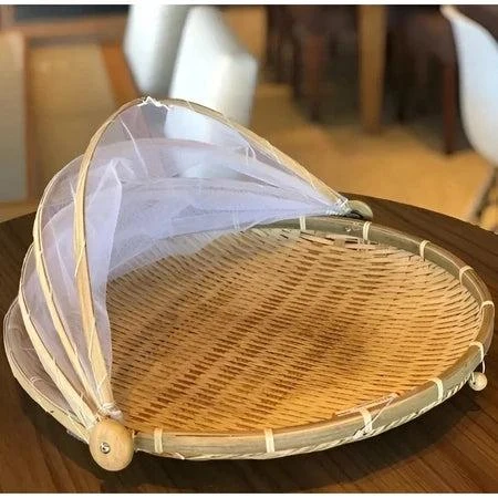 CestFresh - Cesto de Bamboo Com Cobertura de Tela Retrátil Protetor de Alimentos - Entrega Grátis