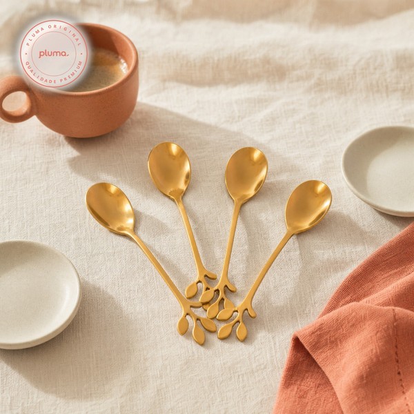 Conjunto 4 Colheres para Chá Leaves Dourado