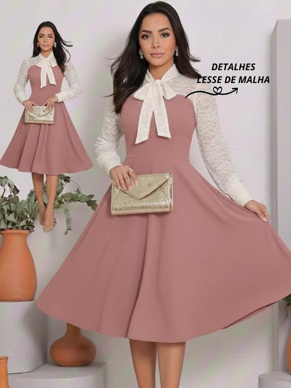 Vestido Feminino Casual Elegante Crepe Malha Detalhe Malha Lesse Moda Evangélica Social Festa 38ao54