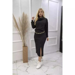 Conjunto Feminino Saia Midi+Blusa Manga Longa Gola Alta Tecido Canelado Inverno Elegante com Fenda